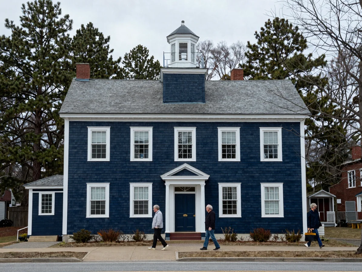 Editorial documentary photograph of a clapboard New England town