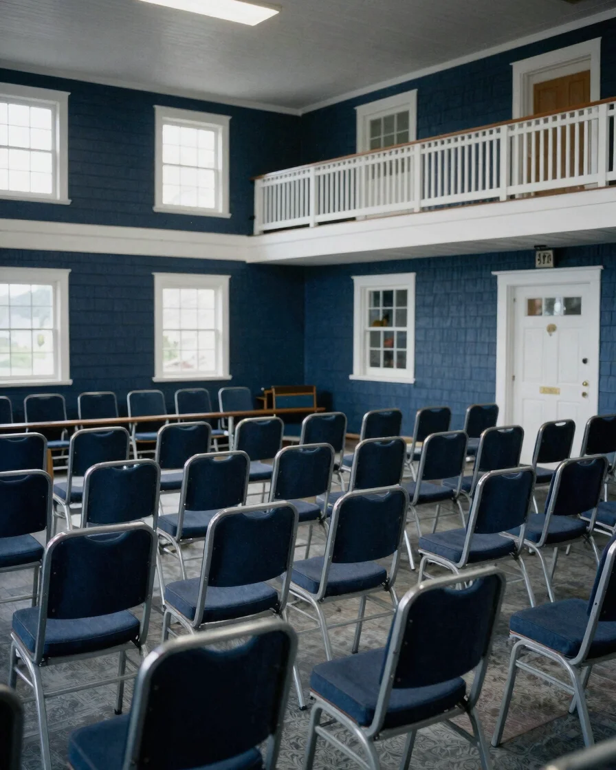 Editorial documentary photograph of a Maine town hall meeting roo