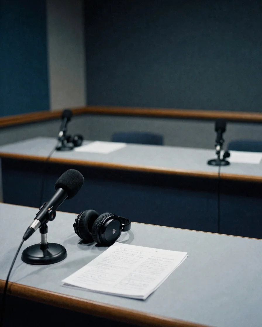 Wide editorial photograph of an empty radio studio desk with a mi