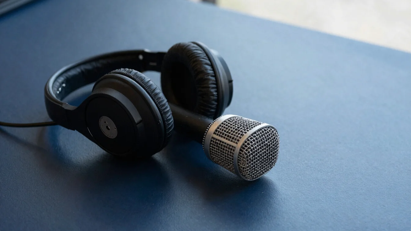 Close documentary detail of a studio microphone and headphones on