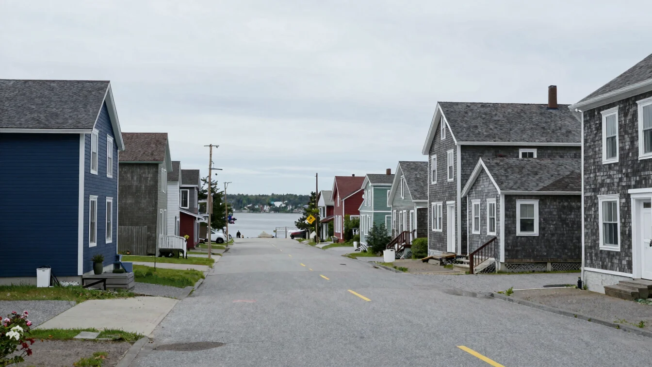 Documentary wide of a Maine coastal town street with clapboard bu