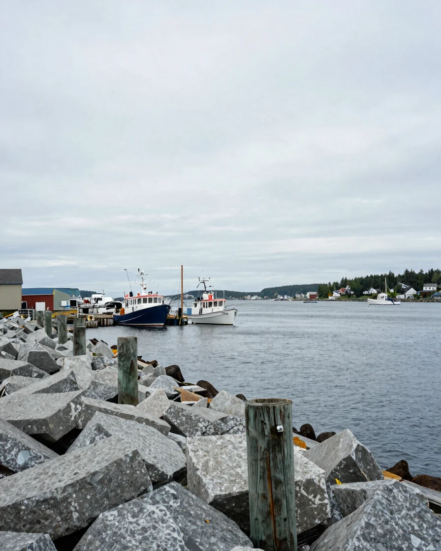 Editorial documentary wide of a Maine working waterfront at overc