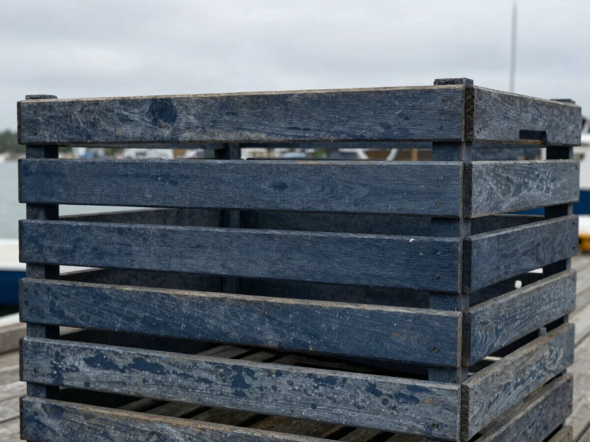 Original documentary close detail of worn wooden lobster crate stacked on a dock, cool overcast daylight, shallow depth