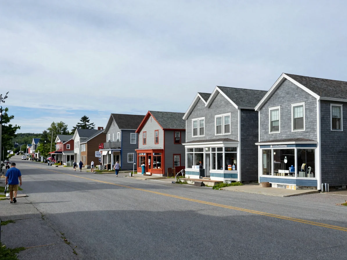 Documentary environmental wide of a Maine town main street with clapboard storefronts under soft overcast sky, a few res