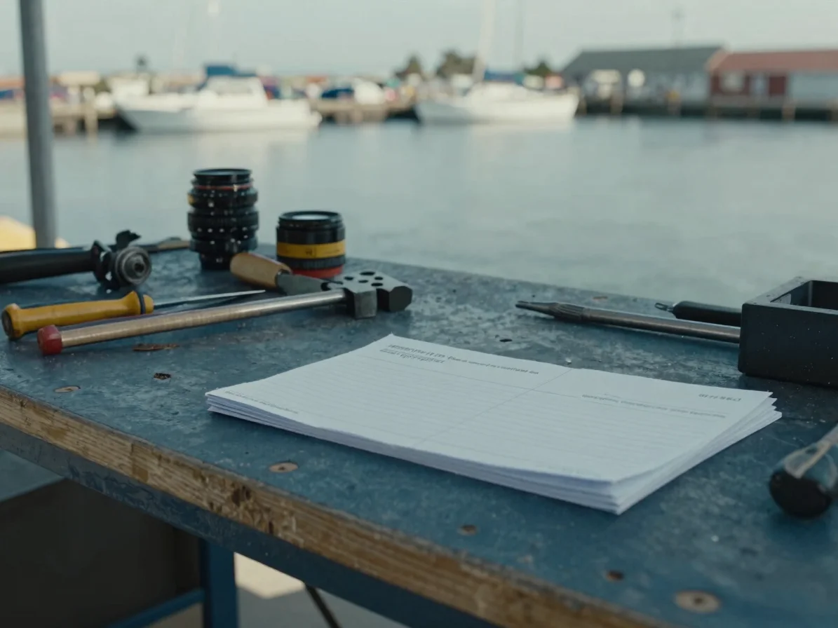Original documentary detail of a harbor-side workbench with hand tools and folded paper notes, cool natural daylight, na